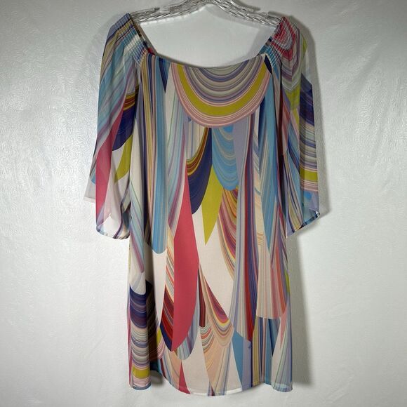 Trina Turk Amaris Rainbow Reflections Off Shoulder Shift Dress Womens Sz 2 NEW - Picture 9 of 16